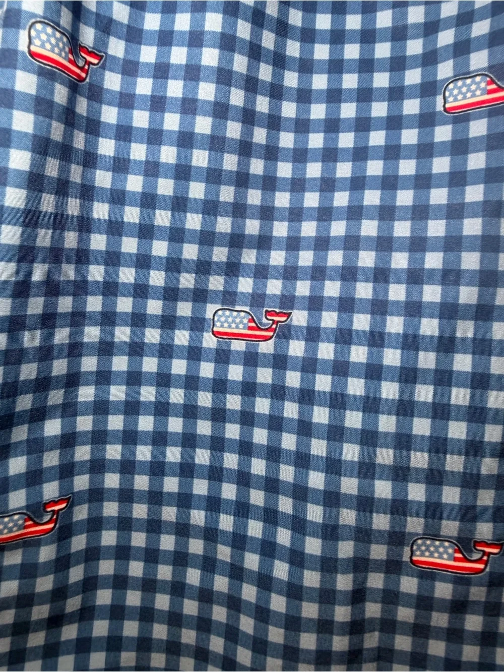 Vineyard Vines Kids Blue Gingham USA Flag Whale Swim Trunks Size L